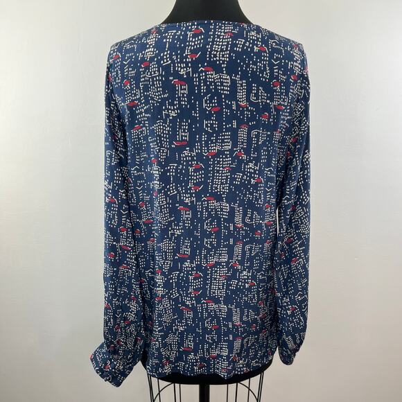Winter Kale Blue Printed Vintage Silk Button-Up Long Sleeve Scoop Blouse Top S - Picture 6 of 9